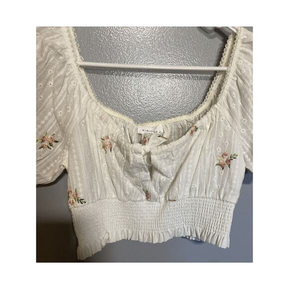 Kirious Los Angeles Shirt Short Sleeve Smocked Cropped Embroidered Size Large - Picture 3 of 4